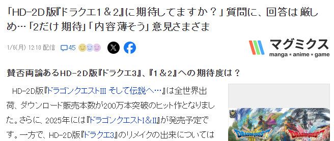 玩调勇者斗恶龙HD-2D版前两部期待度1代没人气